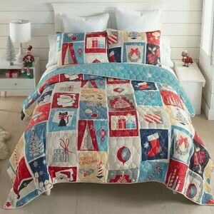 NEW! Merry Retro Christmas Printed Quilt Set Holidays Winter Wreath Joy